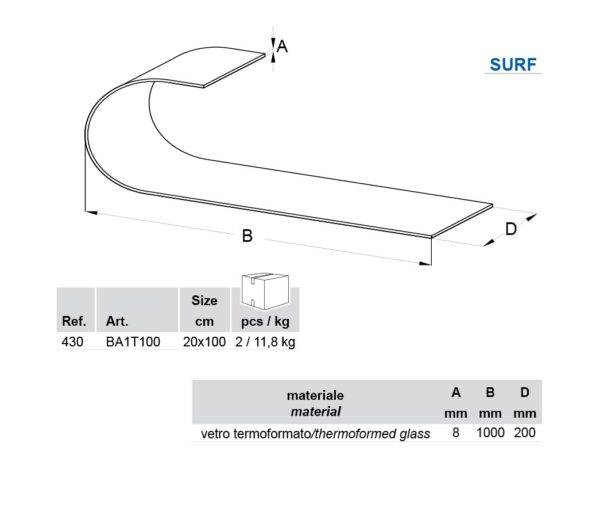100x20x0.8cm<br> Surf Glass Shelf (Each) - Image 2