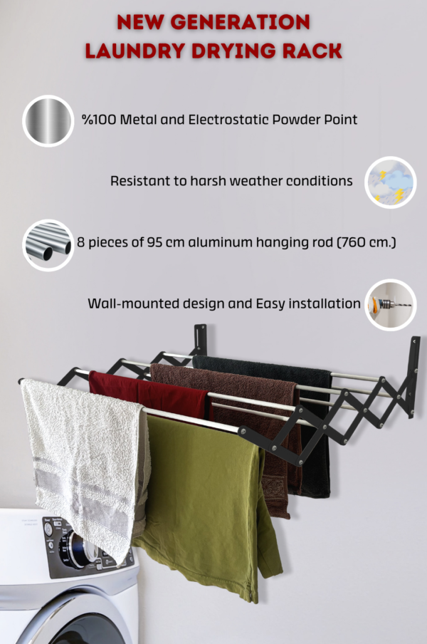 Accordion Clothes Airer Wall Mounted Clothes Rail Retractable Towel Holder Bathroom Towel Rack Extendable Clothes Drying Rack - Image 4